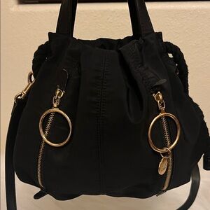 See By Chloe Black Drawstring Shoulder Bag with Gold Rings